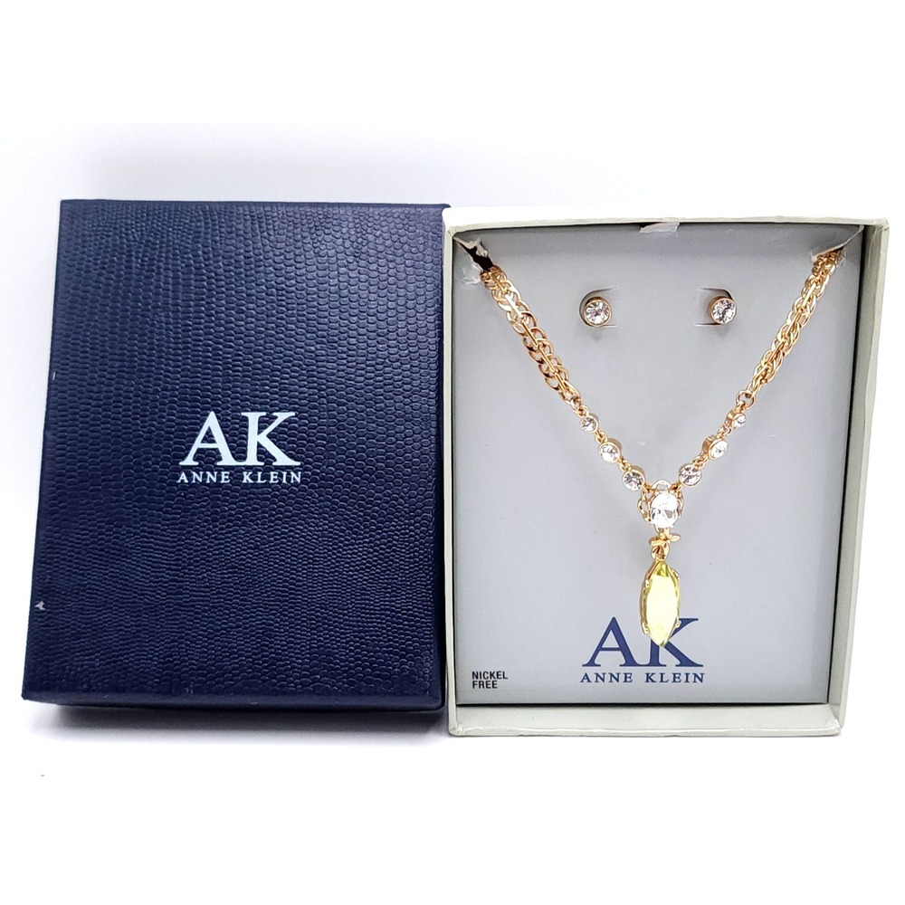 Anne Klein Green Marquise Crystal Necklace Earring Set Gold
